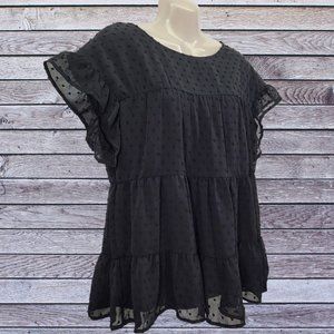 Kirundo NWT XL Women's Black Blouse Short Sleeve Shirt Lined Polka Dot
